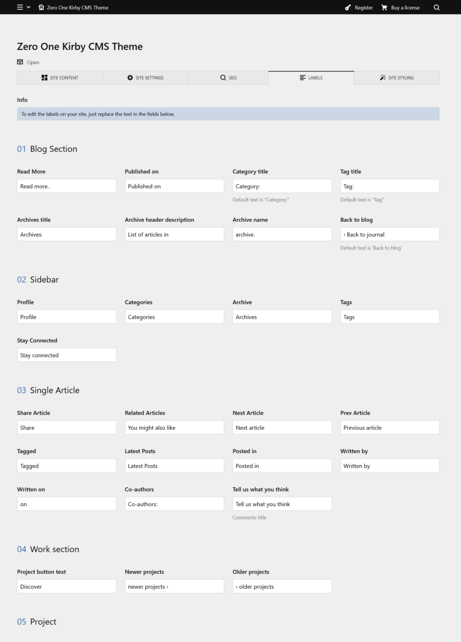 Site Labels panel